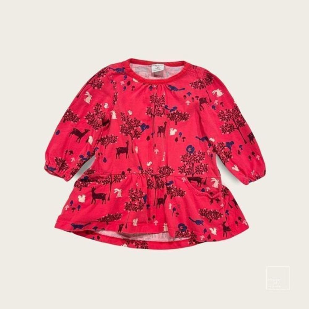 Polarn O Pyret dress long puff sleeve forest animal print pink blue 12-18M